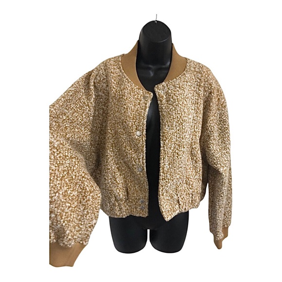 boutique Jackets & Blazers - Tan boiled‎ wool look snap button front bomber style jacket size large brand new